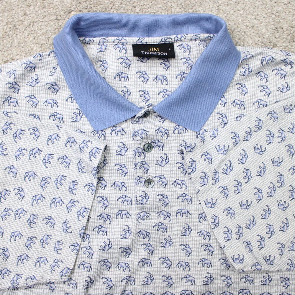 Jim Thompson AOP Polo Shirt Mens‎ Large Blue Elephant All Over Print Cotton S/S